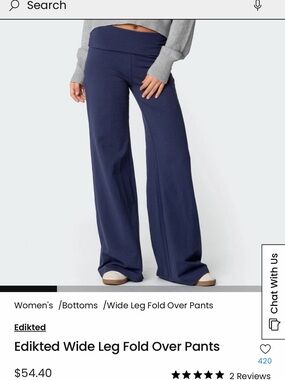 Edikted Wide Leg Fold-Over Pants in Navy Blue